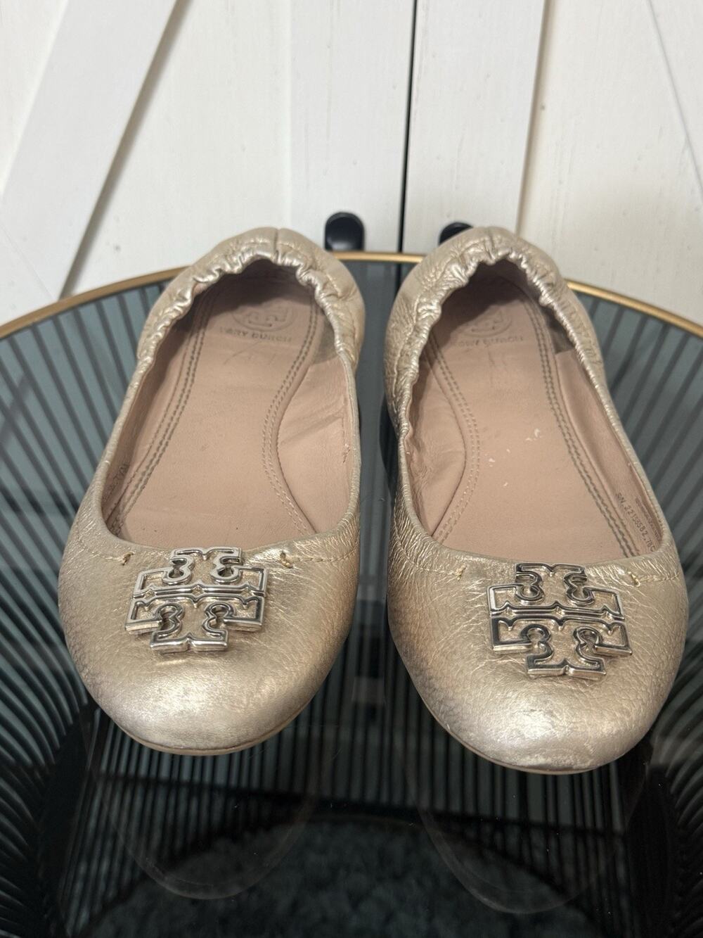 Tory Burch Melinda Gold Metallic Leather Ballet Flats Shoes Womens Size 7.5 M